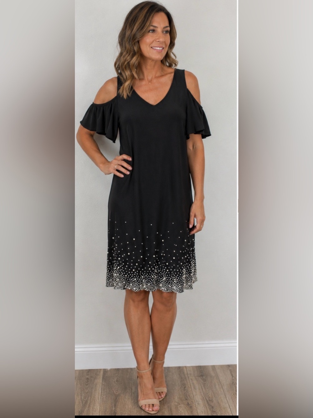MSK Black Cold Shoulder Dress Rhinestone Hem Flutter Sleeve Size Large